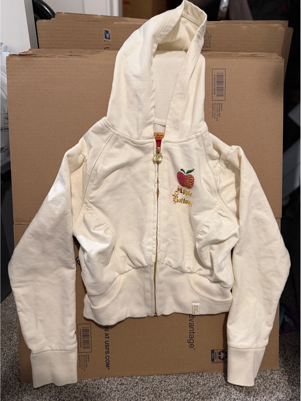 Apple Bottoms Cream Zip-Up Hoodie with Rhinestone Apple Logo, Size M